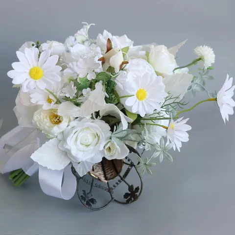 Weiß Rose Pfingstrose Künstliche Hochzeit Strauß Wald Stil Braut Handgebundene Blumen Outdoor Hochzeit Fotografie Requisiten Haus Deko