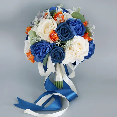 Künstlicher Brautstrauß Seidenblume Blau Orange Weiße Rosen Banddekoration Fotografie Requisiten Hausdekoration