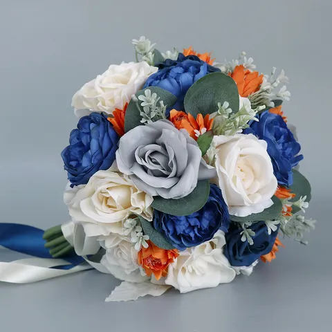 Künstlicher Brautstrauß Seidenblume Blau Orange Weiße Rosen Banddekoration Fotografie Requisiten Hausdekoration