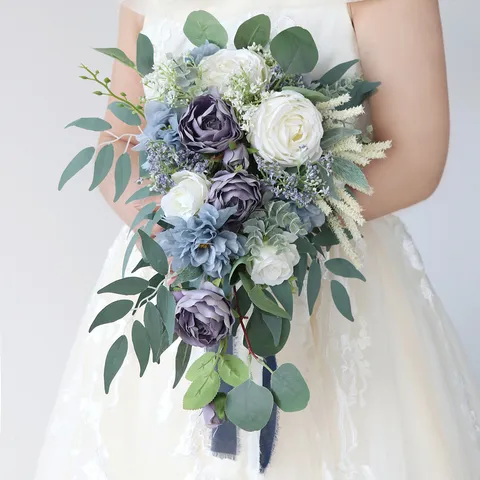 Teardrop Brautstrauß Künstliche Seidenstoff Blumen Nebelblau Weiß Rose Braut Kaskade Blumen Für Fotografie Heimdekoration Feier