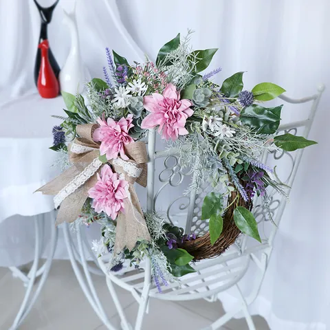 Artificial Dahlia Flower Wreath Pink Lavender Green Leaves Spring Floral Wreath With Burlap Lace Bow For Front Door Wall Wedding Party Home Decor