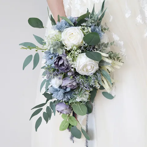 Teardrop Brautstrauß Künstliche Seidenstoff Blumen Nebelblau Weiß Rose Braut Kaskade Blumen Für Fotografie Heimdekoration Feier