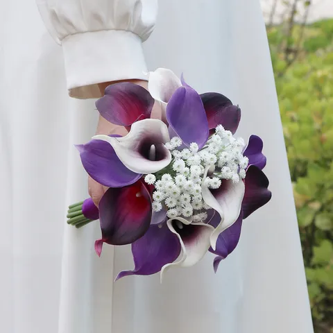 Künstlicher PU Calla-Lilie Brautstrauß Lila Weißer Farbverlauf Handgehaltene Hochzeitsblumen Home Decor Simulation Blumenstrauß