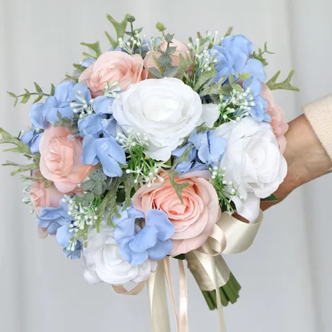 Korean Style Bridal Bouquet Artificial Rose Hydrangea Flowers With Satin Ribbon Romantic Wedding Bouquet Photography Props Decoration