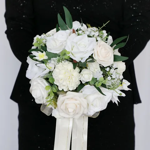Waldstil Künstliche Seidenblume Brautstrauß Elegante Weiße Champagner Rose Hochzeitssträuße Für Braut Brautjungfer Fotorequisiten Haus Dekoration Kirche Party Strauß
