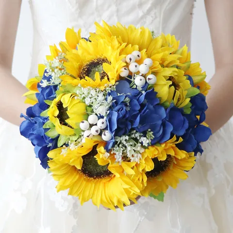 Artificial Silk Flower Sunflower Blue Hydrangea Bridal Bouquet Wedding Photography Home Decoration Floral Arrangement