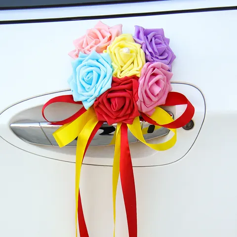 Wedding Car Decoration Flower PE Rose Heart Shape Ribbon Floral Ornament Wedding Party Event Decor Supplies