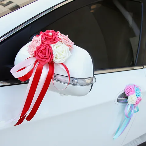 Wedding Car Decoration Flower PE Rose Heart Shape Ribbon Floral Ornament Wedding Party Event Decor Supplies