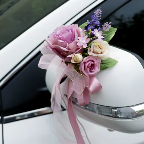 Wedding Car Backrest Flower Decoration Artificial Silk Rose Ribbon Bow Wedding Party Photography Car Mirror Decor Supplies
