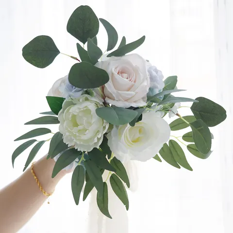 Rustikaler Seidenstoff Künstliche Rosen Brautstrauß Koreanischer Stil Weiß Blau Hochzeit Blumenstrauß Für Brautjungfer Party Heimdekoration