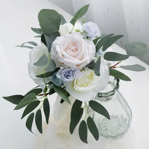 Rustikaler Seidenstoff Künstliche Rosen Brautstrauß Koreanischer Stil Weiß Blau Hochzeit Blumenstrauß Für Brautjungfer Party Heimdekoration