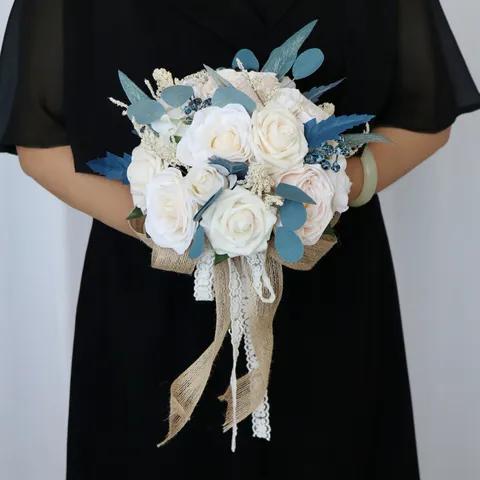 Bouquet da Sposa Artificiale in Stile Coreano Fiori di Rosa in Seta Con Nastro in Pizzo di Lino Per Fotografia Matrimonio Arredo