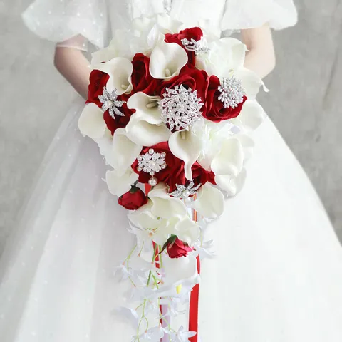 Bridal Wedding Hand Bouquet PU Calla Lily Artificial Rose Rhinestone Cascade For Wedding Party Bride Floral Decor