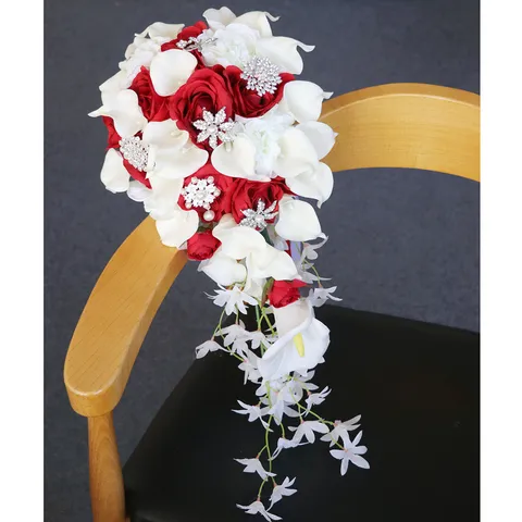 Bridal Wedding Hand Bouquet PU Calla Lily Artificial Rose Rhinestone Cascade For Wedding Party Bride Floral Decor
