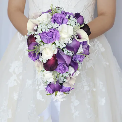 Wedding Artificial Bridal Bouquet Silk Flower Calla Lily Rose Cascade Hand Held Flower Party Photography Prop Decoration