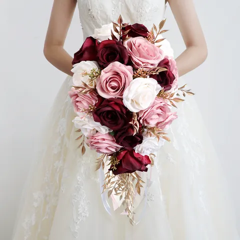 Künstliche Seidenrosen Wasserfall Hochzeit Brautstrauß Rot Gold Kaskade Handgehaltene Blumen Für Hochzeit Party Dekoration