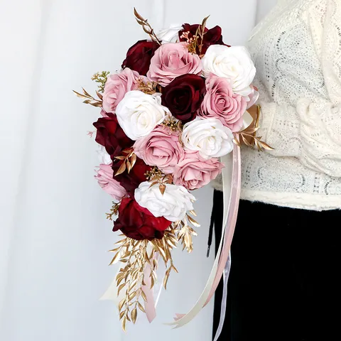 Künstliche Seidenrosen Wasserfall Hochzeit Brautstrauß Rot Gold Kaskade Handgehaltene Blumen Für Hochzeit Party Dekoration
