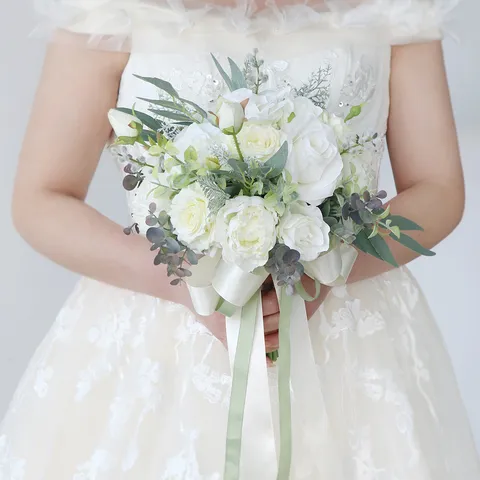 Bouquet de Mariée en Fleurs Artificielles en Soie Rustique Roses Blanches Pivoines pour Cérémonie de Mariage et Accessoires Photo