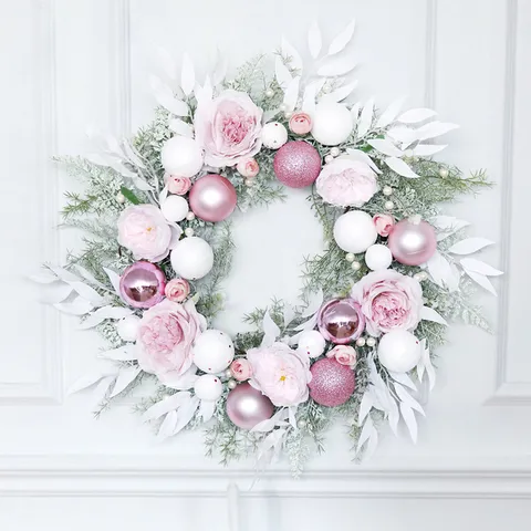 Pink Christmas Wreath Artificial Rose Flower Christmas Balls For Wedding Home Door Window Wall Hanging Festive Decor