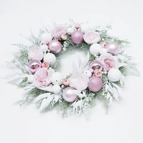 Pink Christmas Wreath Artificial Rose Flower Christmas Balls For Wedding Home Door Window Wall Hanging Festive Decor