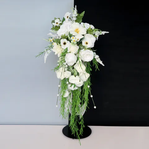 Artificial Waterfall Wedding Bridal Bouquet White Green Calla Lily Cascading Hand Flowers With Pearls For Party