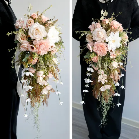 Artificial Seda Rosa Peonía Cascada Novia Boda Ramo Champaña Rosa Largo Colgante Mano Sosteniendo Flor Para Decoración De Fiesta