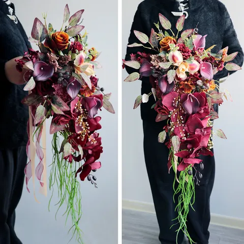 Fleur en Soie Artificielle Mariage Bouquet de Mariée Longue Cascade Fleurs Fausses Portées à la Main pour Fête de Mariage en Plein Air