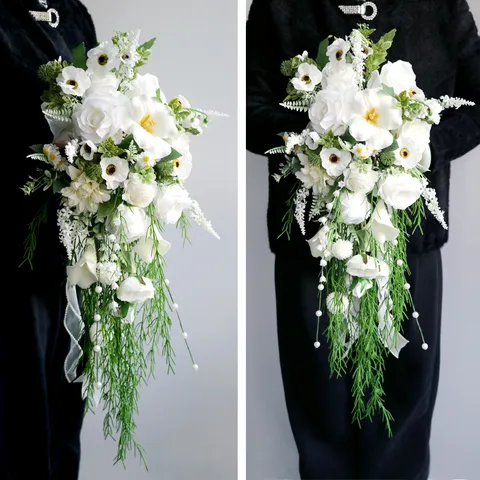 Artificial Waterfall Wedding Bridal Bouquet White Green Calla Lily Cascading Hand Flowers With Pearls For Party
