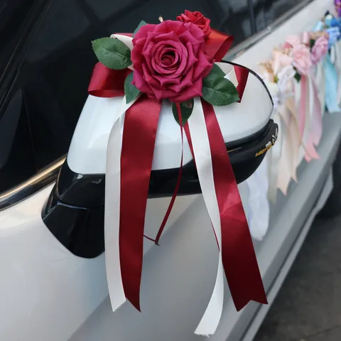 European Vintage Artificial Flower Wedding Car Rearview Mirror Door Handle Bow Decoration Silk Floral Set