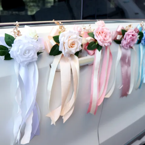 European Vintage Artificial Flower Wedding Car Rearview Mirror Door Handle Bow Decoration Silk Floral Set