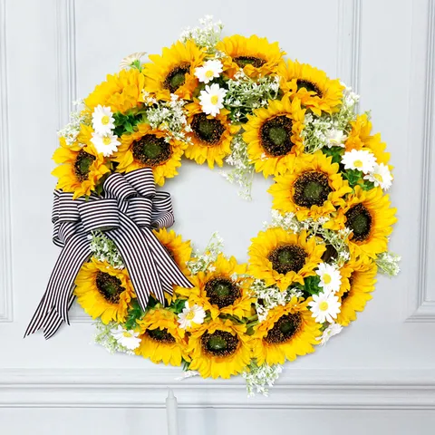 Couronne Artificielle Tournesol d'Automne Style Pastoral Mariage Maison Porte Décor Fleur en Soie Guirlande Ornement Suspendu
