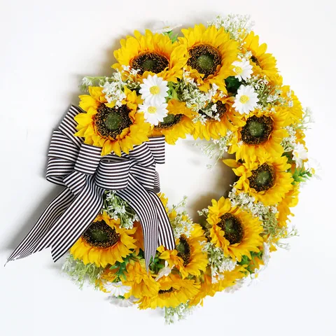 Couronne Artificielle Tournesol d'Automne Style Pastoral Mariage Maison Porte Décor Fleur en Soie Guirlande Ornement Suspendu