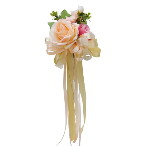Wedding Car Backrest Flower Decoration Artificial Silk Rose Ribbon Bow Wedding Party Photography Car Mirror Decor Supplies