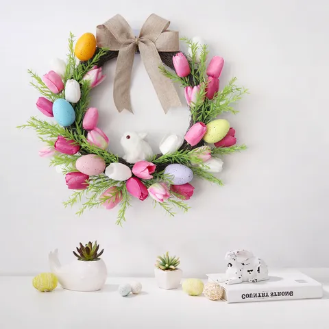 Easter Wreath For Front Door Spring Artificial Tulip Flowers Colorful Easter Eggs Linen Bow Home Hanging Decor