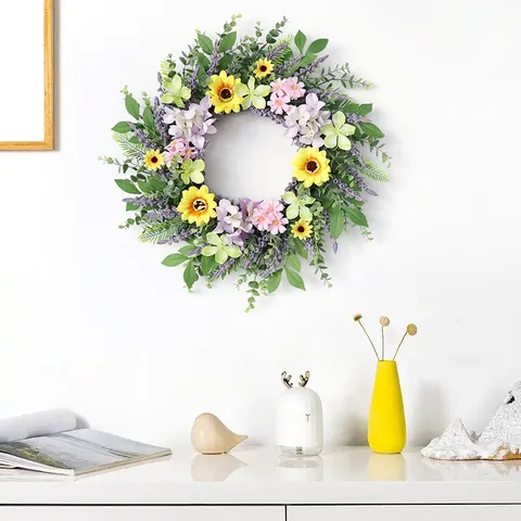 Couronne Artificielle Tournesol Marguerite Fleur en Soie Guirlande Florale pour Porte d'Entrée Mur Suspendu Décoration Intérieure Fierté