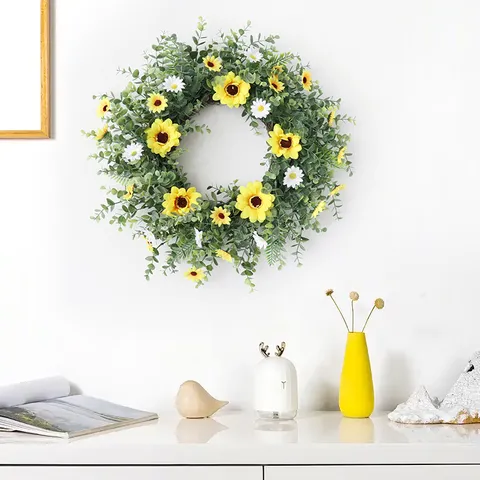 Couronne Artificielle de Tournesol et Verdure Guirlande de Fleurs en Soie pour Porte d'Entrée Décoration Mariage Fête