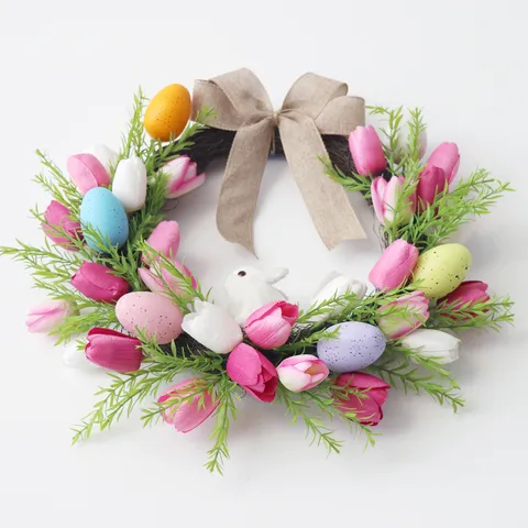 Easter Wreath For Front Door Spring Artificial Tulip Flowers Colorful Easter Eggs Linen Bow Home Hanging Decor