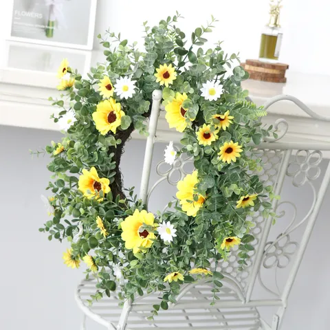 Couronne Artificielle de Tournesol et Verdure Guirlande de Fleurs en Soie pour Porte d'Entrée Décoration Mariage Fête