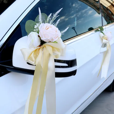 Artificial Rose Wedding Car Decoration Mirror And Door Handle Decor Ribbon Bow Floral Ornaments Party Supplies