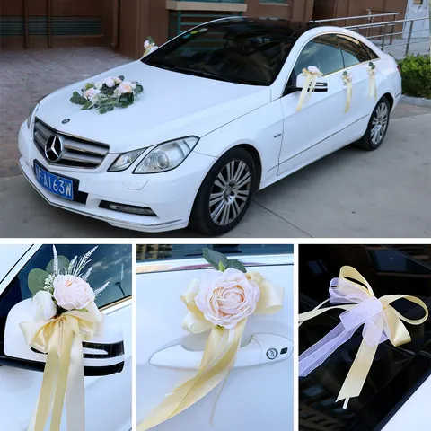Artificial Rose Wedding Car Decoration Mirror And Door Handle Decor Ribbon Bow Floral Ornaments Party Supplies
