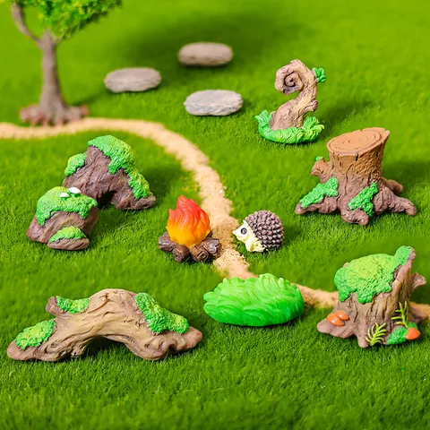 Micro Landscape Resin Ornament Miniature Garden Decor Tree Stump Stone Campfire Mushroom Bonsai Terrarium Accessory