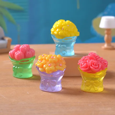 Mini Luminous Resin Flower Bouquet Micro Landscape Ornament Cartoon Rose Tulip Figurine Desktop Decor Gift