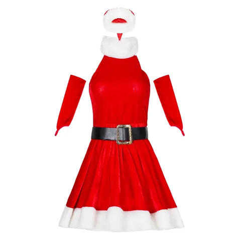 Sexy Roter Samt Weihnachtskleid Für Damen Kunstfellbesatz Festival Bühne Performance Kostüm Mit Hut Gürtel Handschuhe