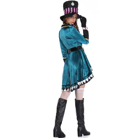 Ensemble de Costume Chapelier Fou Pour Femmes Tenue de Cosplay Alice Au Pays Des Merveilles Veste en Velours Robe Rayée Et Chapeau