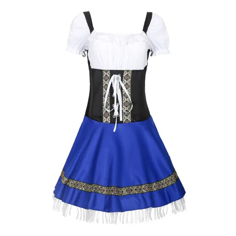 Dirndl Dress Oktoberfest Bavarian Maid Costume Blue Floral Print Ruffle Lace Up Party Fancy Dress For Women Traditional Festival Outfit
