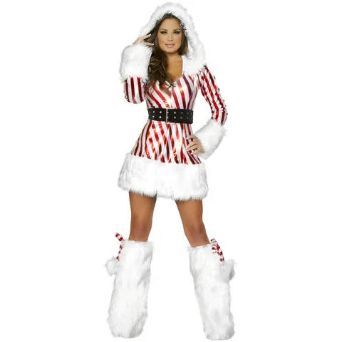 Women's Sexy Red And White Striped Christmas Costume Hooded Dress Belt Boot Covers For Festive Party Stage Performance