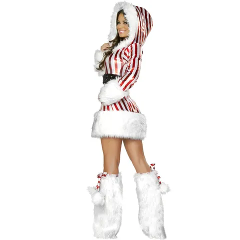 Women's Sexy Red And White Striped Christmas Costume Hooded Dress Belt Boot Covers For Festive Party Stage Performance