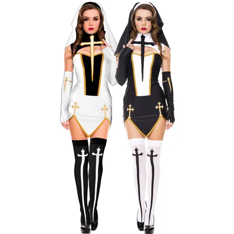Costume de Cosplay de Nonne Sexy pour Femmes Tenue de Fête d'Halloween Avec Coiffe Manches et Robe Imprimée Croix