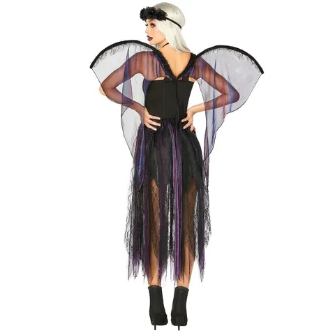 Damen Dunkler Engel Kostüm Halloween Geisterbraut Cosplay Kleid Gothic Spitze Netz Fancy Dress Up Set Schwarz Engel Outfit Flügel Kopfschmuck
