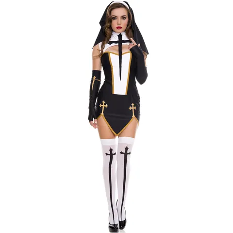 Costume de Cosplay de Nonne Sexy pour Femmes Tenue de Fête d'Halloween Avec Coiffe Manches et Robe Imprimée Croix